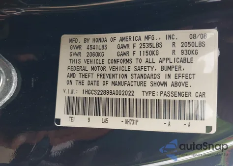 2009 Honda Accord 3.5 Ex-L from USA, damaged, VIN 1HGCS22899A002022